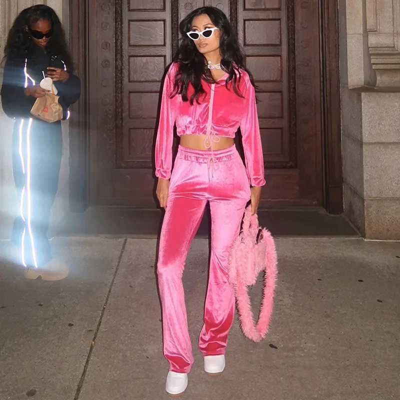 Women's Two Piece Pants Fashion Women 2 Piece Velvet Tracksuits Sets Zipper Sweatshirts High Waist Drawstring Straight Sweatpants Two Piece Outfi