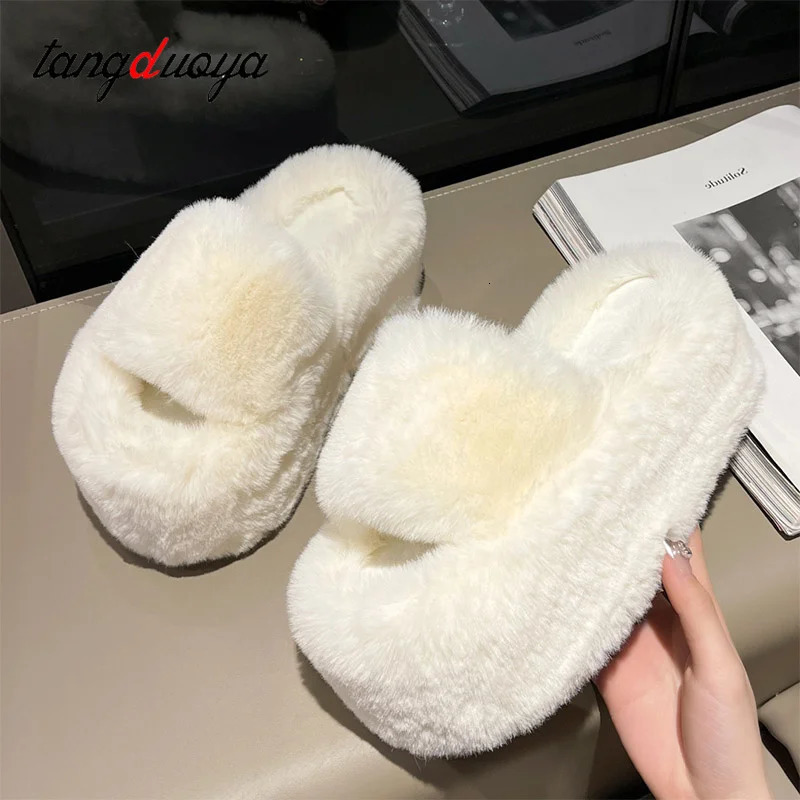 Short and chubby platform fur slider womens autumn thick soled fur outdoor slider womens short plush er shoes 241018