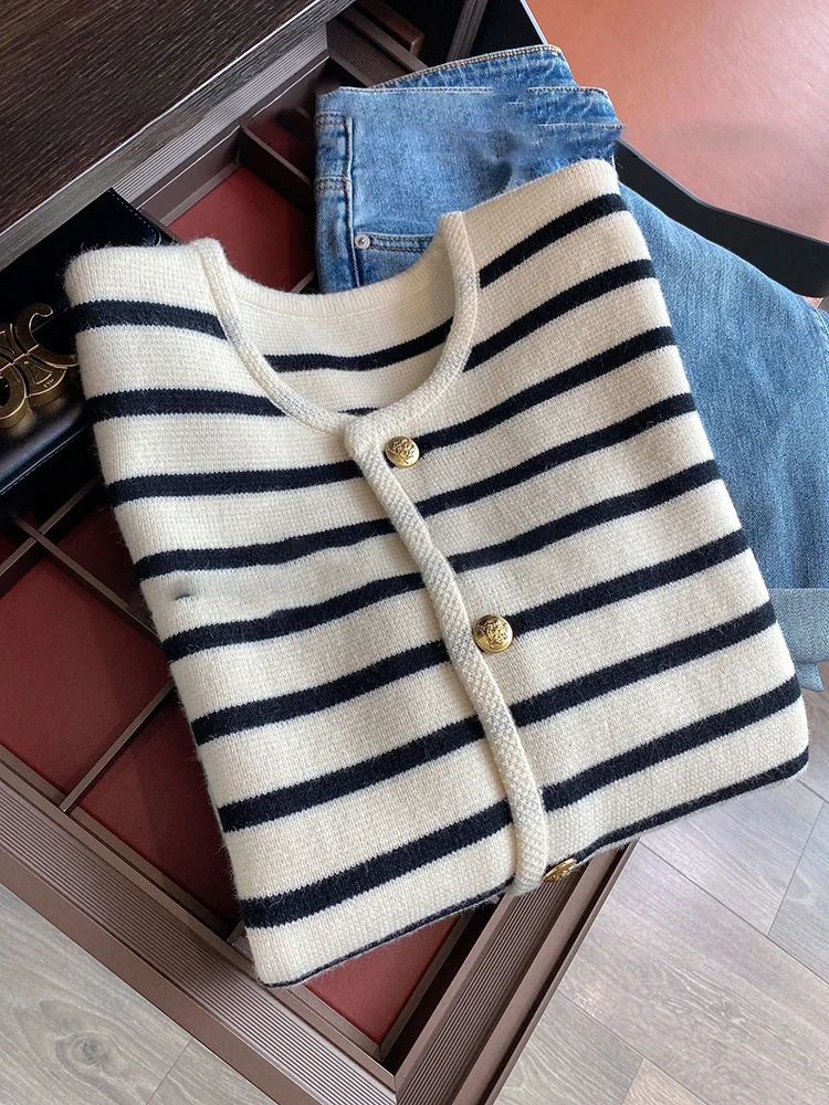Womens Spring and Autumn Sweater O-neck Striped Knitted Open cardigan Fashion Long Sleeve Casual Short Sleeve Top Korean Style 241018
