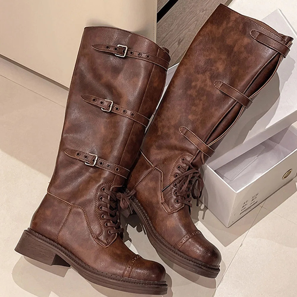2024 Winter Punk Thick High Heel Buckle Riding Boots Cool Fashion Street Knee High Motorcycle Boots 241018