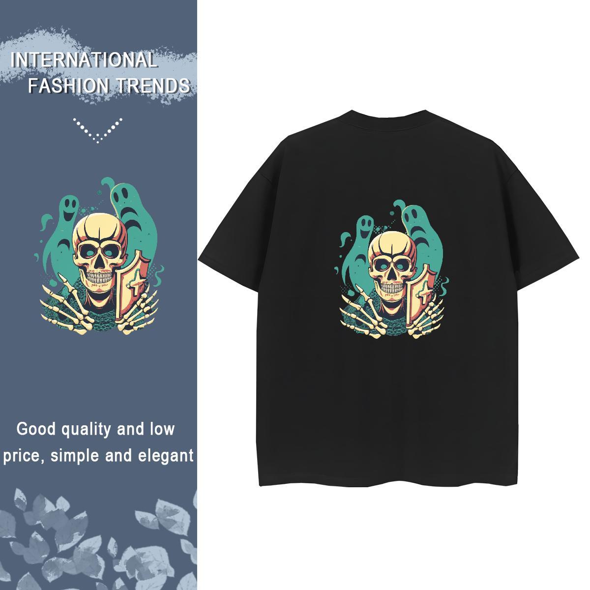 Fashion Women T Shirts 230g Pure Cotton Breathable Crew Neck Street Wear skull Women Tshirts Unisex Black Oversized Top Shirts