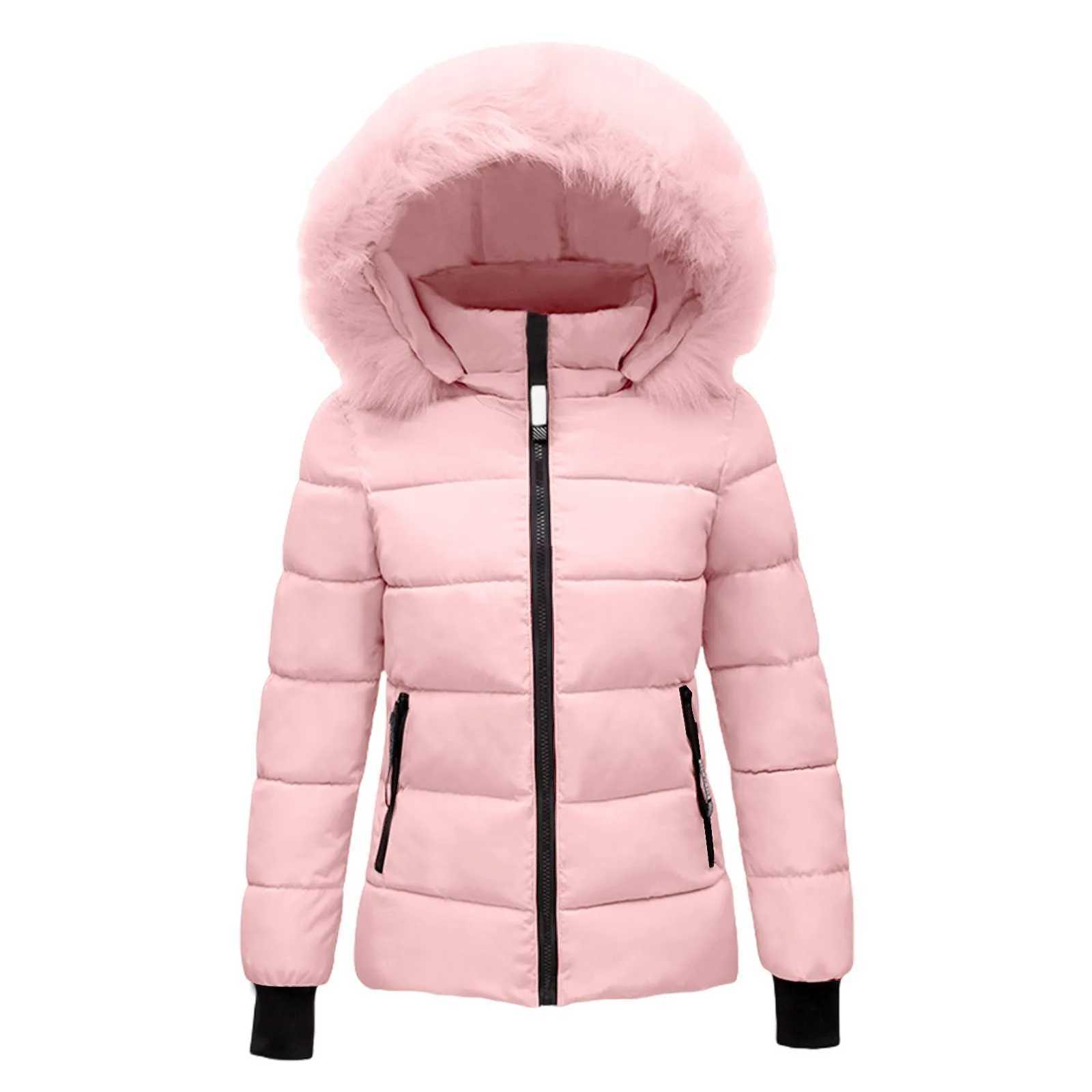 Pink Winter Cotton Puffer Coat Women Fluffy Hooded Zipper Thick Outerwear Lapel Windproof Warm Long Sleeve Down Jacket Fit CoatsX241019