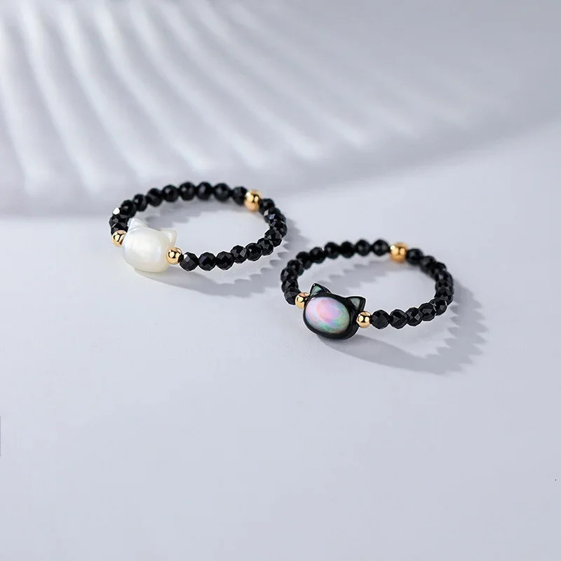 Fashion Natural Moonstone Obsidian Rings Minimalist Handmade Cute Black White Cat Bead Ring Women Party Accessories Jewelry Gift 241010