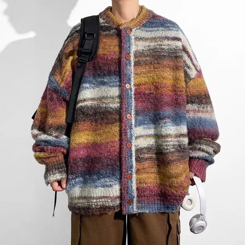 2024 Men Striped Sweater Casual Elastic Cardigan Harajuku Patchwork Knitted Warm Top Fashion Male Jumper Clothes 241009