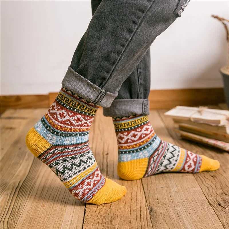 Geometric Striped Thicken Wool Socks for Men Warm Cashmere Novelty Funny Crew Winter Christmas Gift DropshipXJ241019