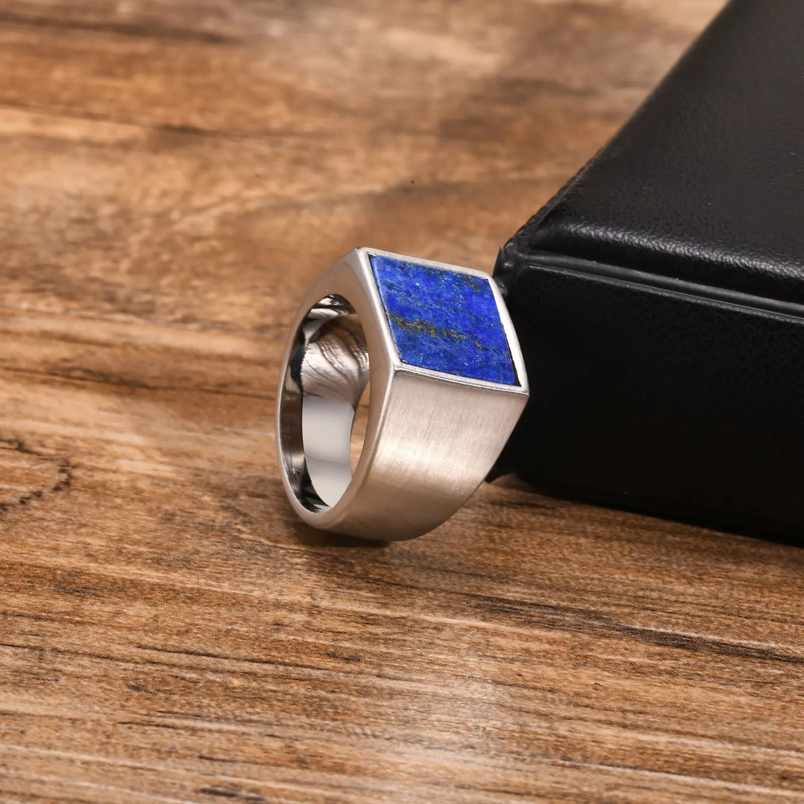 MP Blue Nature Stone Ring for Men BoysSilver Color Stainless Steel Square RingThumb Male Jewelry Gifts 241010