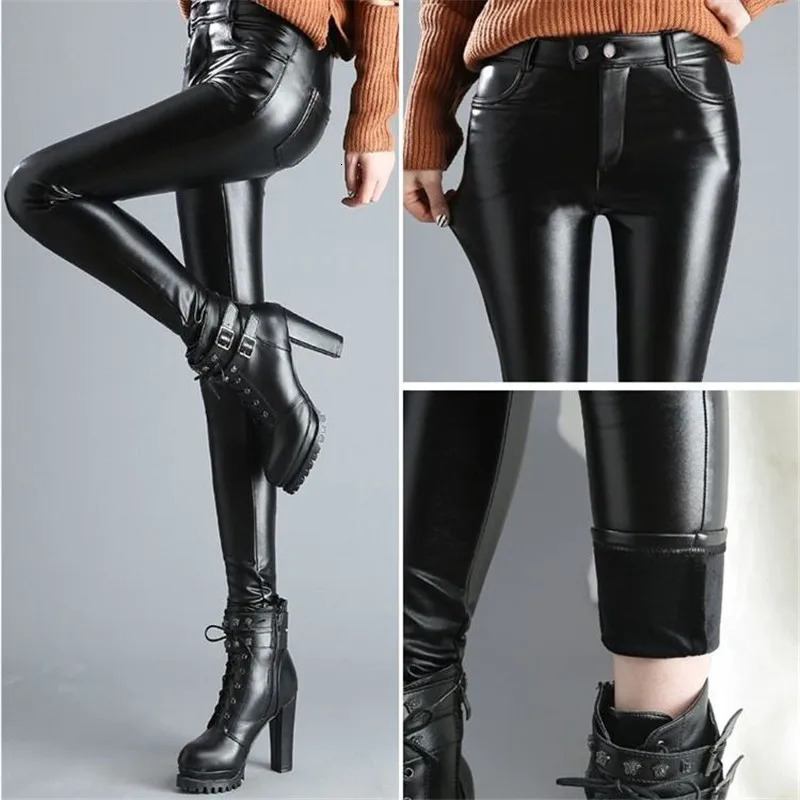 Stretch Skinny Leather Pants for Women Fleece Winter Velvet Casual Trousers Thick Warm Female Pencil Leggings Autumn High Waist 241007