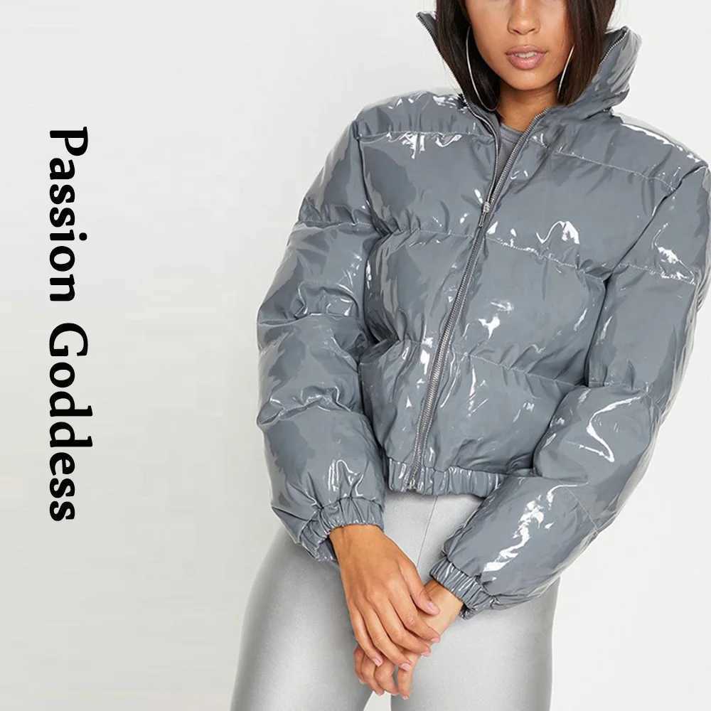 Women's Down Parkas Winter Women Shiny PU Leather Down Puffer Jacket Loose Warm Leather Bubble Coats Parkas Down Zipper Puffy Jackets Parkas Casu