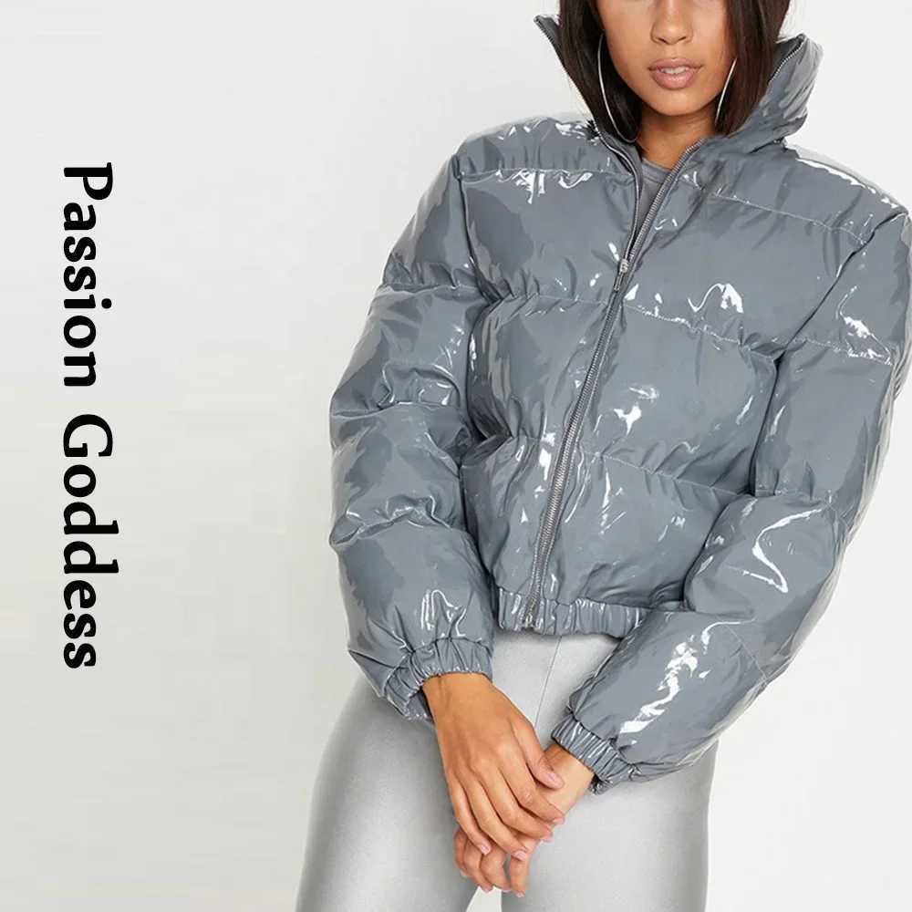 Women's Down Parkas Women Shiny Gray PU Leather Down Puffer Jackets Winter Glossy Leather Bubble Coats Thick Parkas Down Zipper Puffy Jacket Park