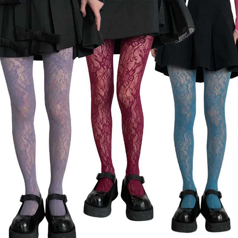 Socks Hosiery Y2k Fashion Gothic Flower Hollow Out Sexy Pantyhose Women Fishnet Wine Red Ins Hot Girls JK Tights High Elastic Hipster Leggings Y240833