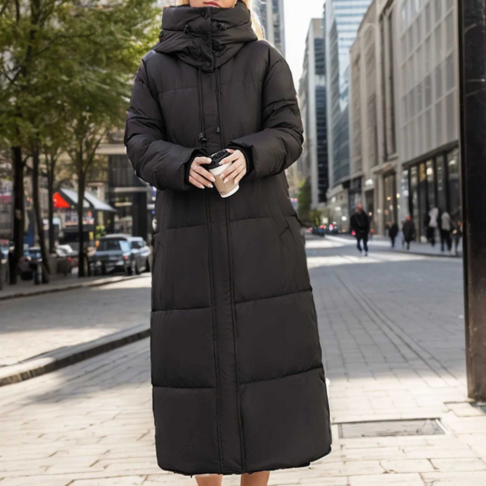 WomenS 2024 Winter Fashion Oversized Thicken Straight Long Coats Jackets Button Front Drawstring Hooded High Collar Down JacketX241019