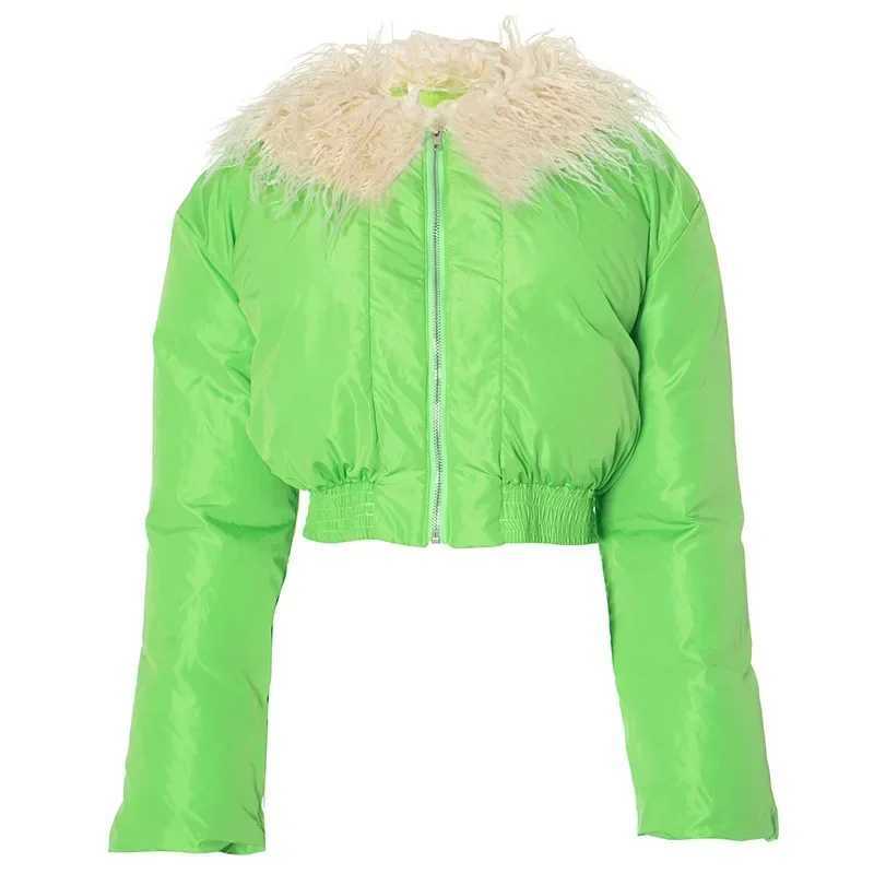 Women's Down Parkas Fashion Cute Women Candy Grn Zipper Puffer Jacket Winter Fur Collar Bubble Coats Feathers Lapel Puff Parka Slim Crop Jackets 