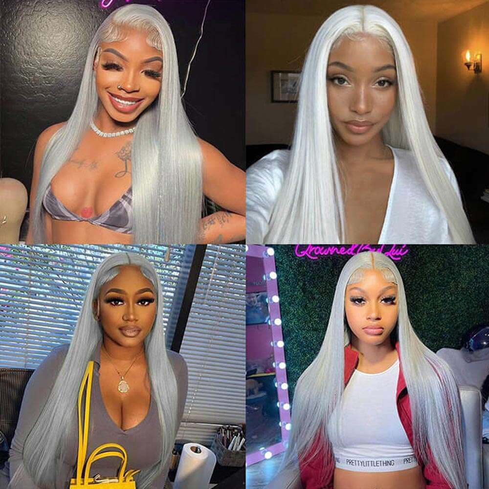 13X4 Hd Frontal Sier Grey Lace Front Wig Remy Brazilian Bone Straight Human Hair Wigs For Women