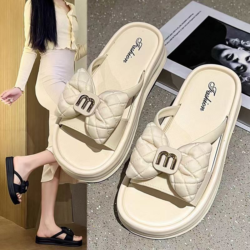 Women's summer new designer open toe thick bottom outdoor flip butterfly bow beach white casual slippers