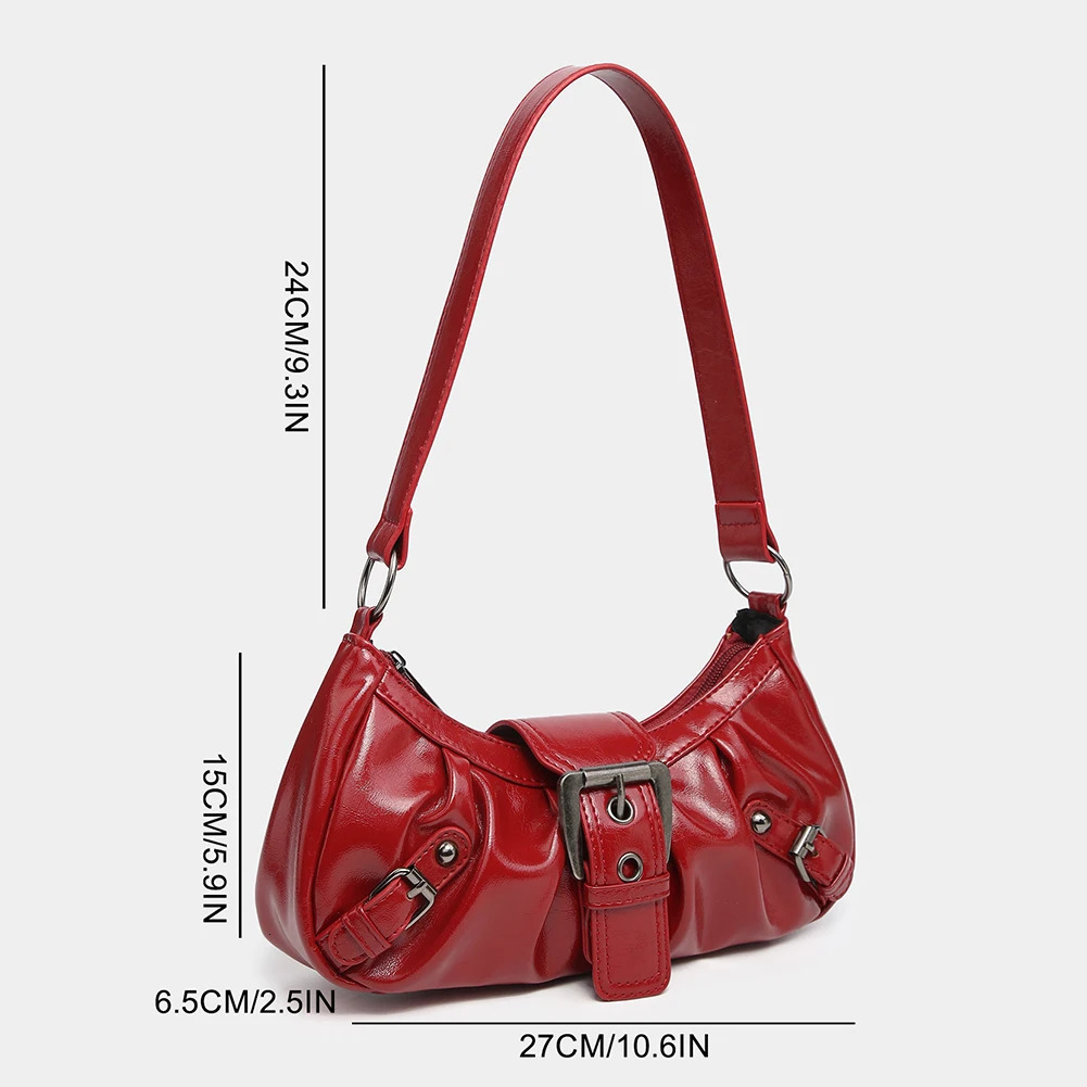 Womens pleated vagrant red shoulder bag womens PU leather clutch handbag wallet Y2K womens er handbag 241018