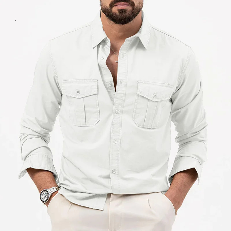 Spring and summer fashion lapel long sleeved solid shirt mens clothing casual button matching American shirt 241007