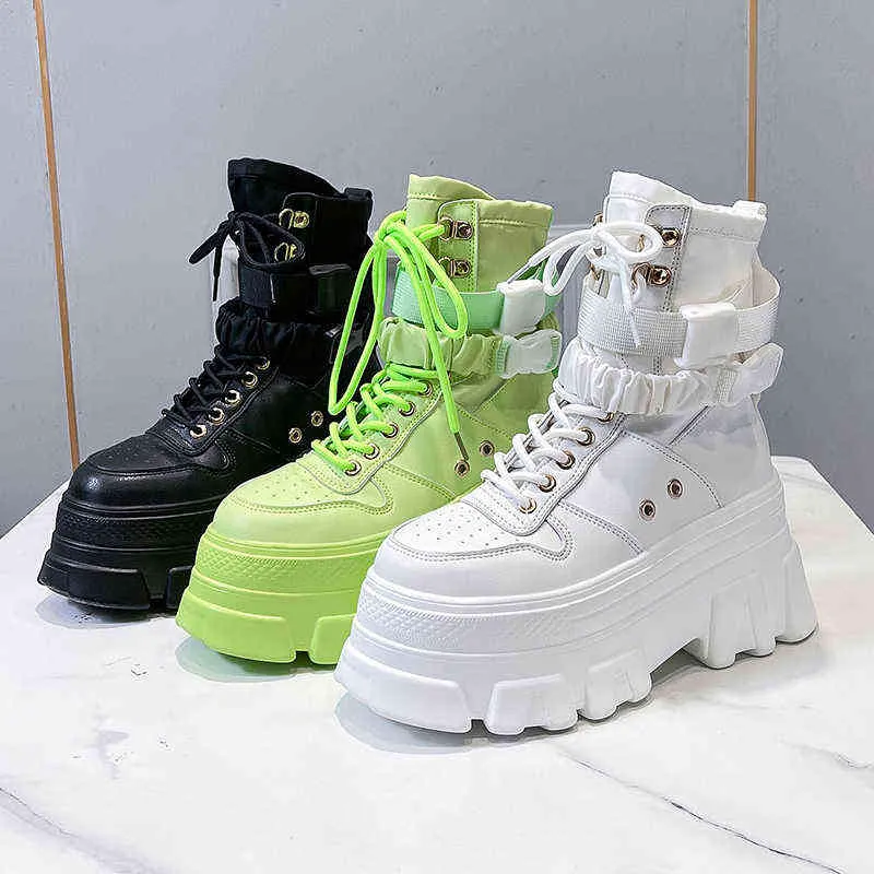Rimocy Green Punk Chunky Platform Motorcycle Boot Autumn Winter Gothic Shoes Woman Designer Boot Thick Bottom Lace Up Ankle Botas Mujer 211105