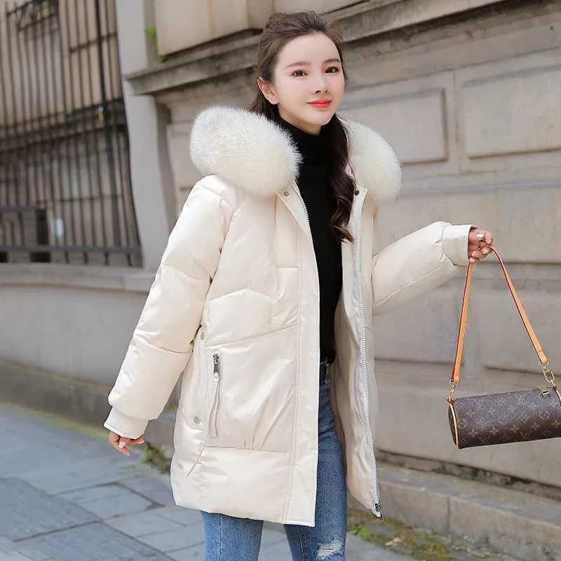 2023 New Women Down Cotton Coat Winter Jacket Female Mid Length Version Parkas Thick Warm Outwear Hooded Fur Collar OvercoatX241019