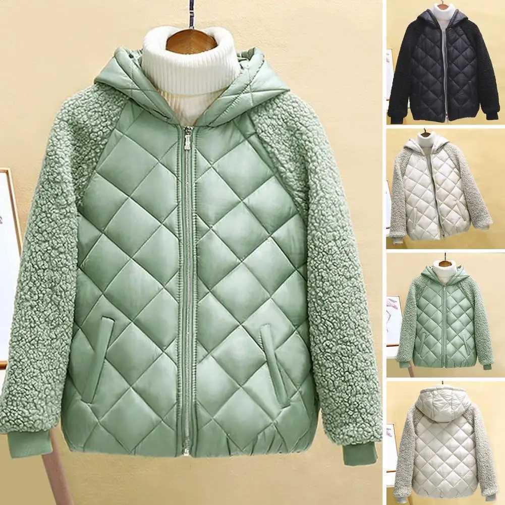 Women Winter Cotton Coat Thickened Plush Padded Coat Long Sleeve Hooded Down Coat Pockets Cold Resistant Windproof Lady JacketX241019