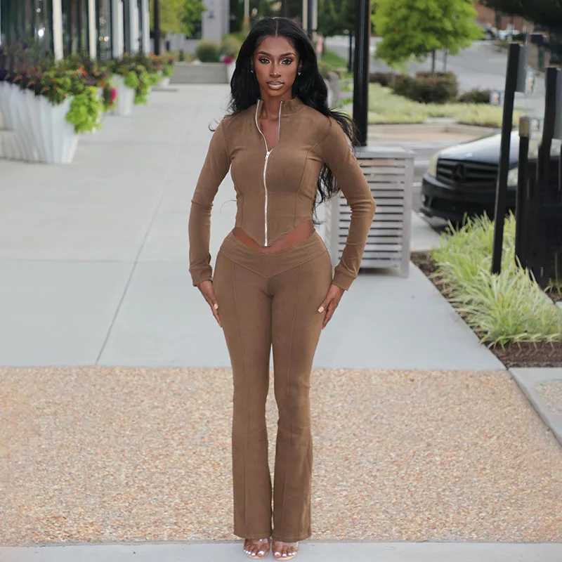 Womens Two Piece Pants Bangniweigou Womens Solid Color Set Zip Up Ultra Thin TopHigh Waist Ultra Thin Micro Flash Pants Two Piece Lounge Set AutumnWin