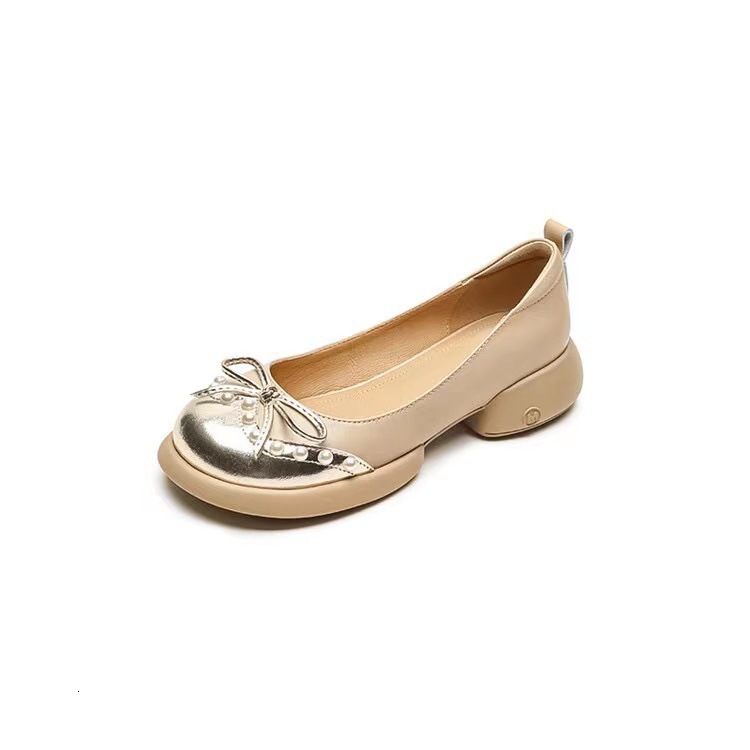 Fashionable French Bow Bean Shoes Women's Thick Heels and Thick Soles 2024 Spring and Autumn New Genuine Leather Round Toe Single Shoes