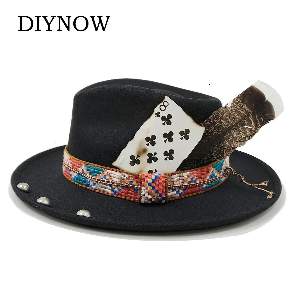 Feather Fedoras Hat Mens and Womens Black Felt Wide Brim Jazz Hat Gentlemens Hat Plum Blossom 8 Poker Card Design Fedora Hat 241018