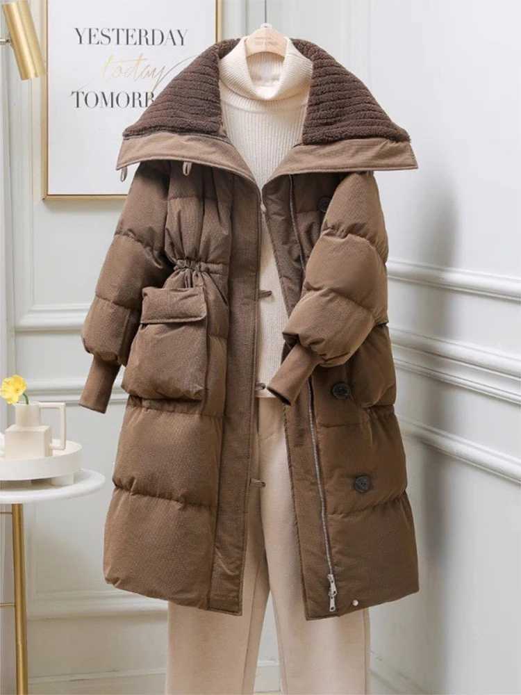 Winter Down Cotton Mid-length Jackets Coats Lapel New Elastic Waist Abrigo Korea Casual Chaqueta Tops Elegant Women Warm CasacoX241019