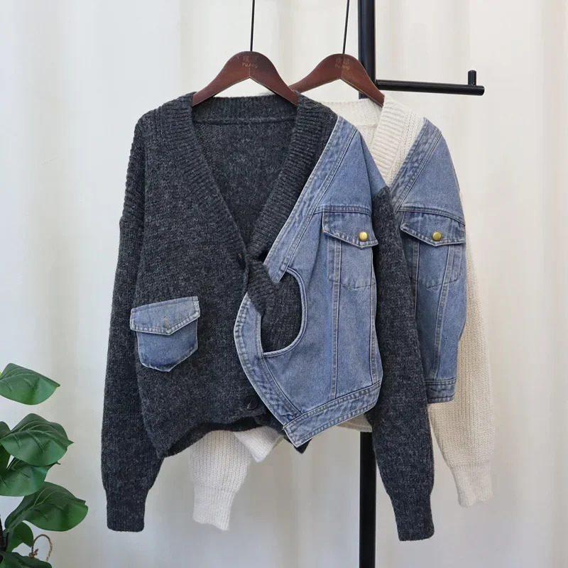 2024 Women Denim Sweater Cardigan Cross Kintted Button Loose Spring Autumn Vintage Winter Streetwear Y2k Jumper Coat Cardigans 241010