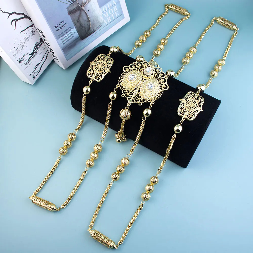 Fashionable Algerian women shoulder chain Moroccan bride body jewelry gold Arabic wedding jewelry long necklace 241018