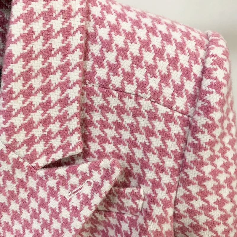 HIGH STREET est 2024 Fall Winter Fashion Overcoat Womens Double Breasted Pink Houndstooth Tweed Wool Long Coat 241010