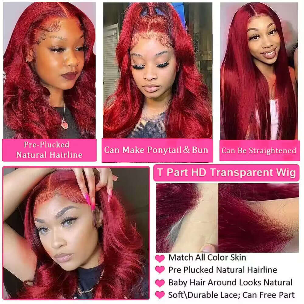 J Burgundy Density Body Wave Lace Frontal Wigs Inch x HD Transparent Human Hair For Black Women