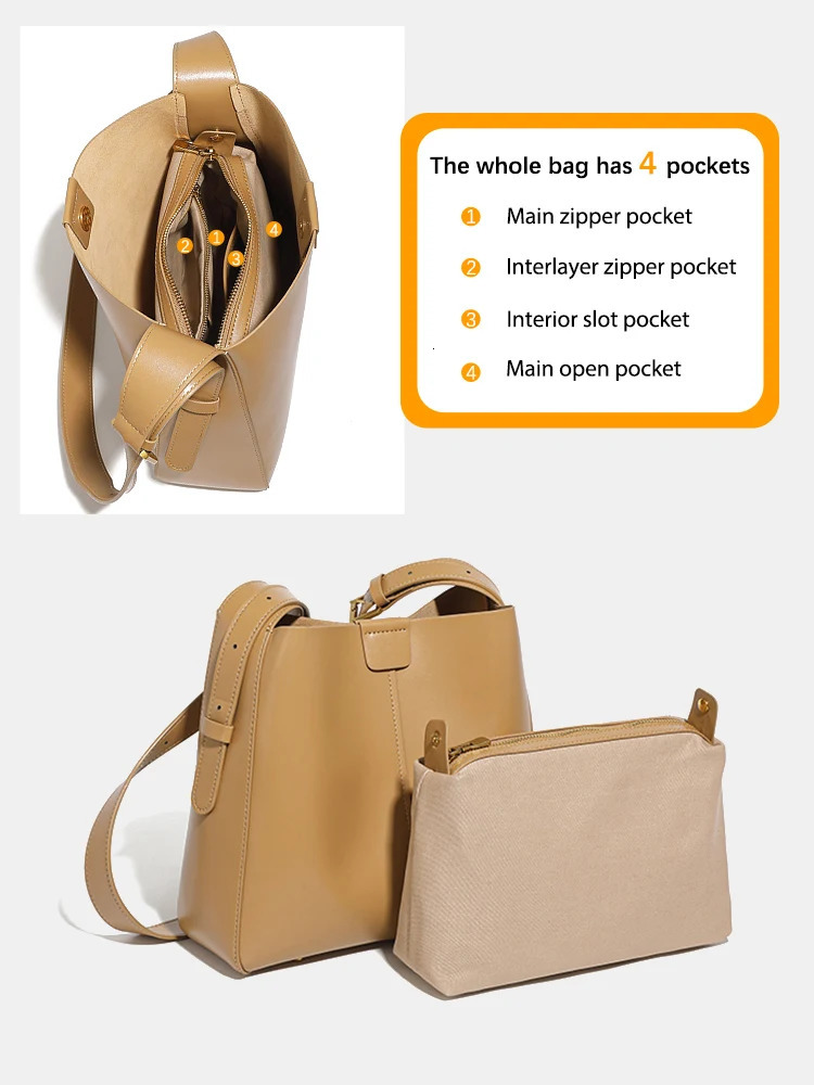 Zency Womens Split Leather Handbag er Bucket Bag Handbag 2024 Womens Shoulder Composite Bag Horizontal Shopping Bag 241018