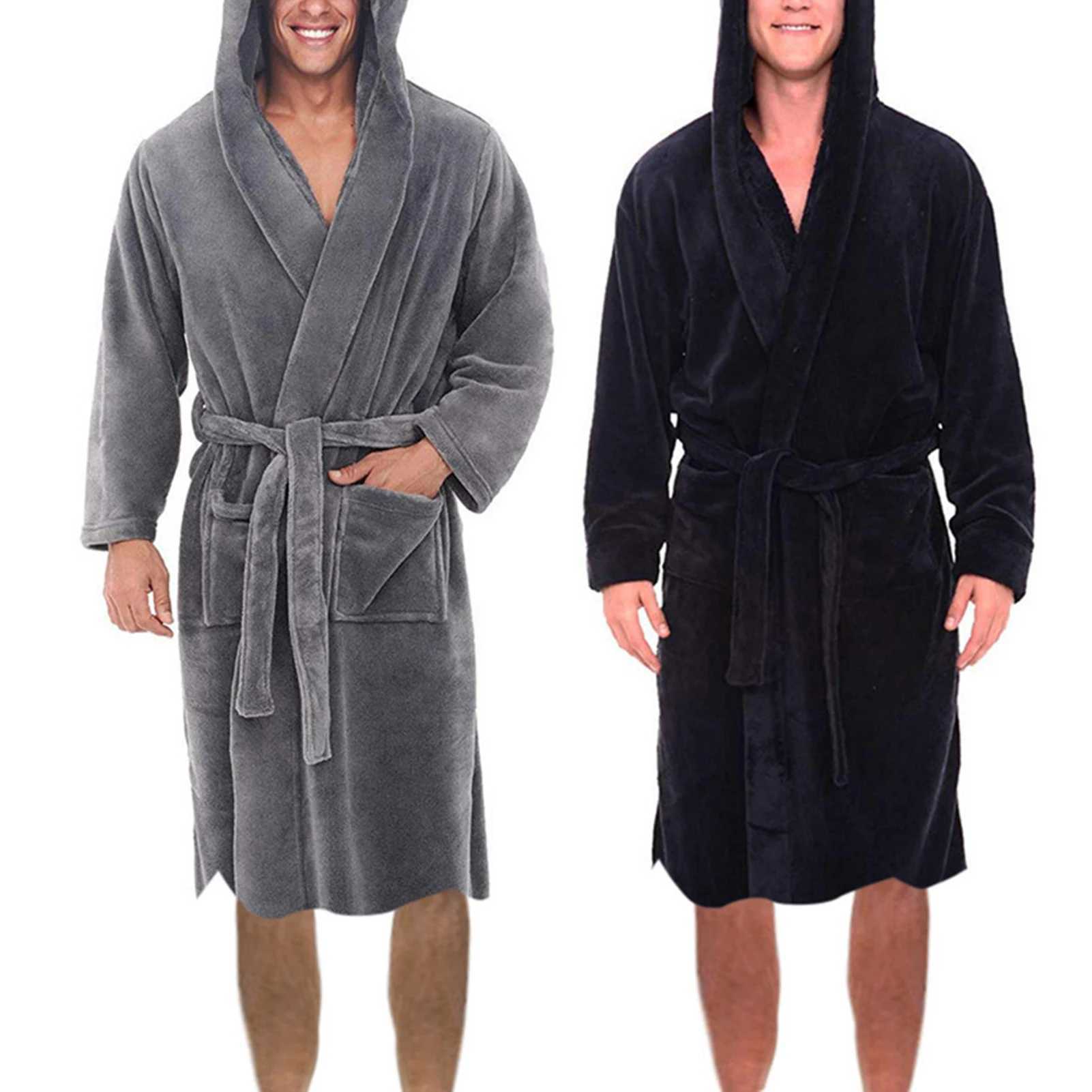 Men Nightgown Comfortable Soft Men Coral Fleece Long Bath Robe Waist Lace-up Ankle Length Men Bathrobe for Daily LifeXJ241018