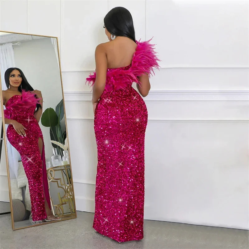 Autumn Winter Womens One Shoulder Elegant Long Party Dress Feather High Splitting sequin Sparkling Sexy Dress Birthday Dress 241017