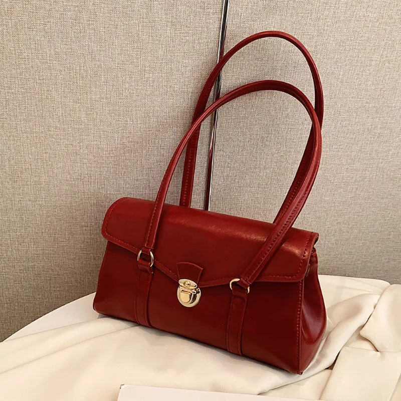 Retro high-end sensory lingerie handbag for women red simple style Korean texture commuting portable shoulder bag 241018
