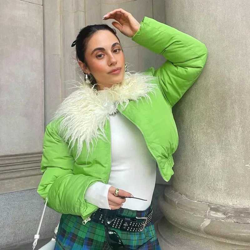 Women's Down Parkas Fashion Cute Women Candy Grn Zipper Puffer Jacket Winter Fur Collar Bubble Coats Feathers Lapel Puff Parka Slim Crop Jackets 