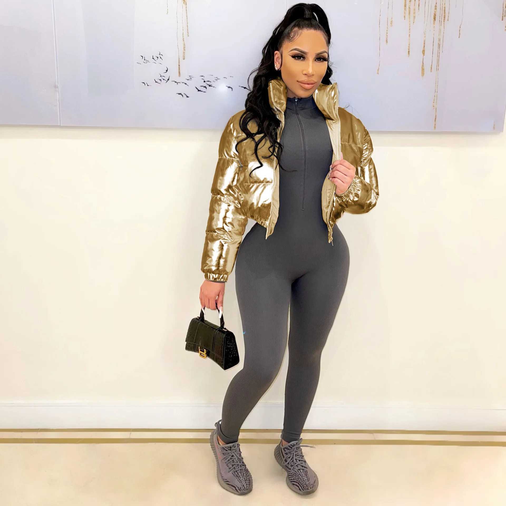 Women's Down Parkas Blue metal shiny bubble quilted coat womens 2024 winter warm park as a fashionable womens long Sleve crop inflatable jacket g
