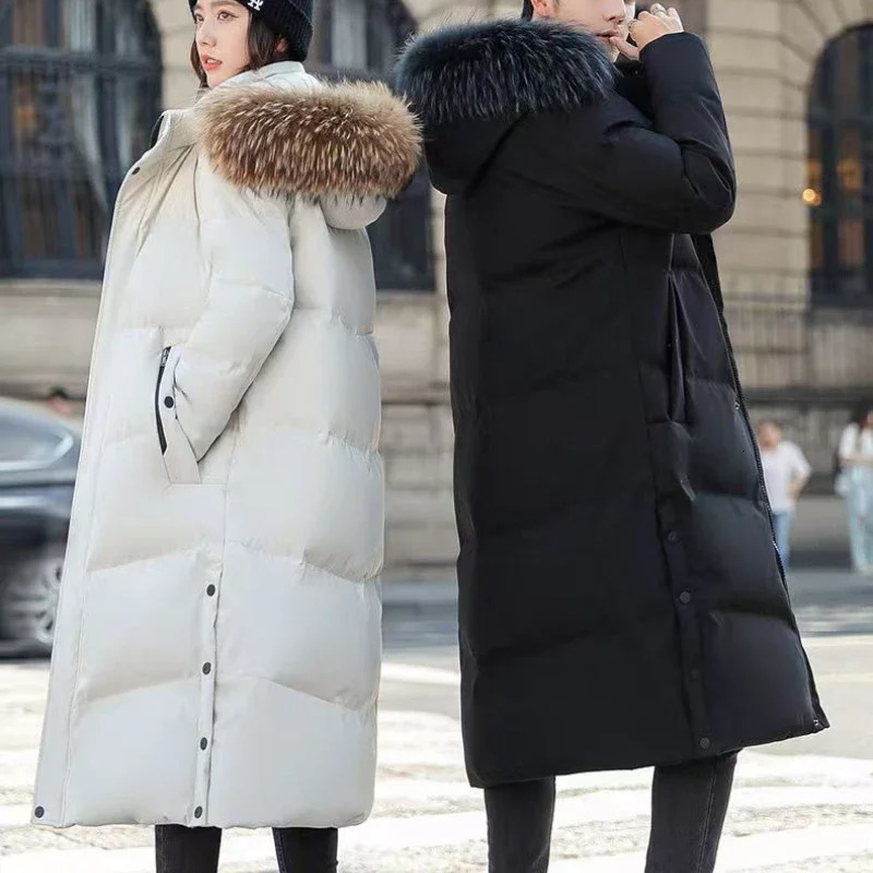 Mens winter jacket hoodie raccoon fur collar style fashionable young white duck thick warm long student jacket 241018