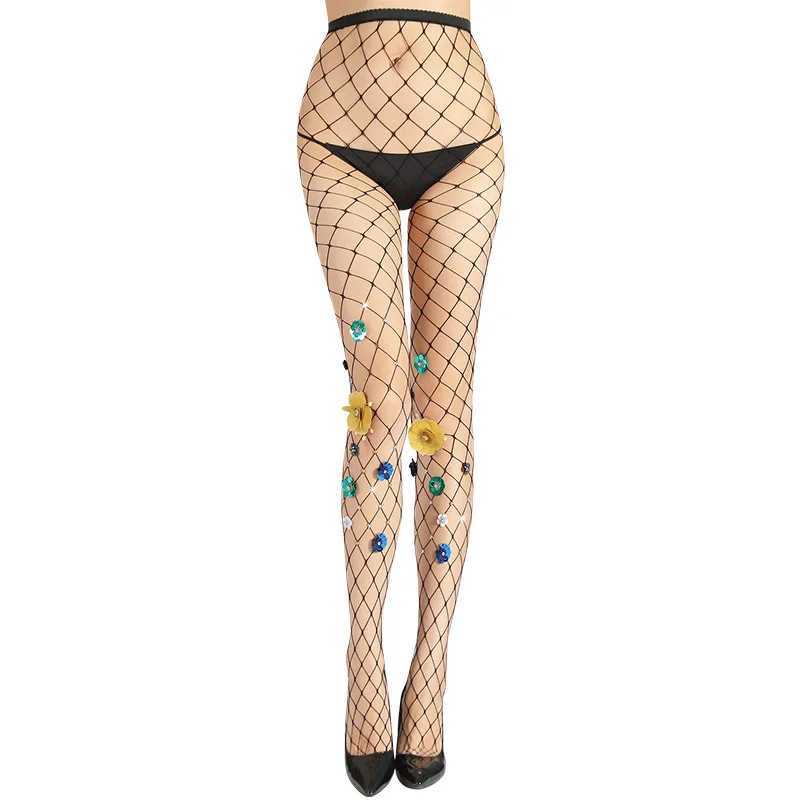 Socks Hosiery 2023 New Sexy Women Fishnet Stocking Handmade Embroidery Flower Stylish Mesh Tights Mesh Stockings Elegant Senior Pantyhose Y2408330NJOS