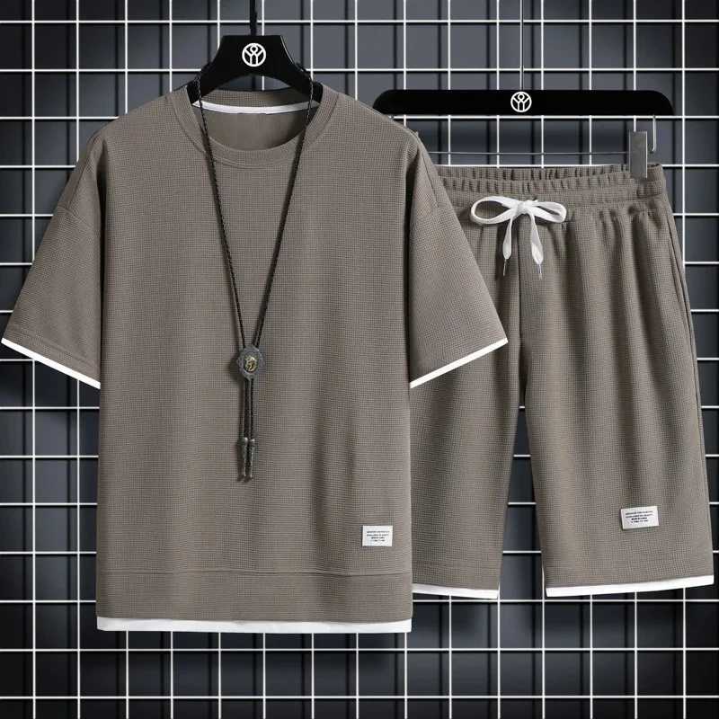 2024 Summer New Mens Waffle Set Casual T-shirt Set Two Round Neck Solid Color Sports Shirts Loose Size Clothes W241018