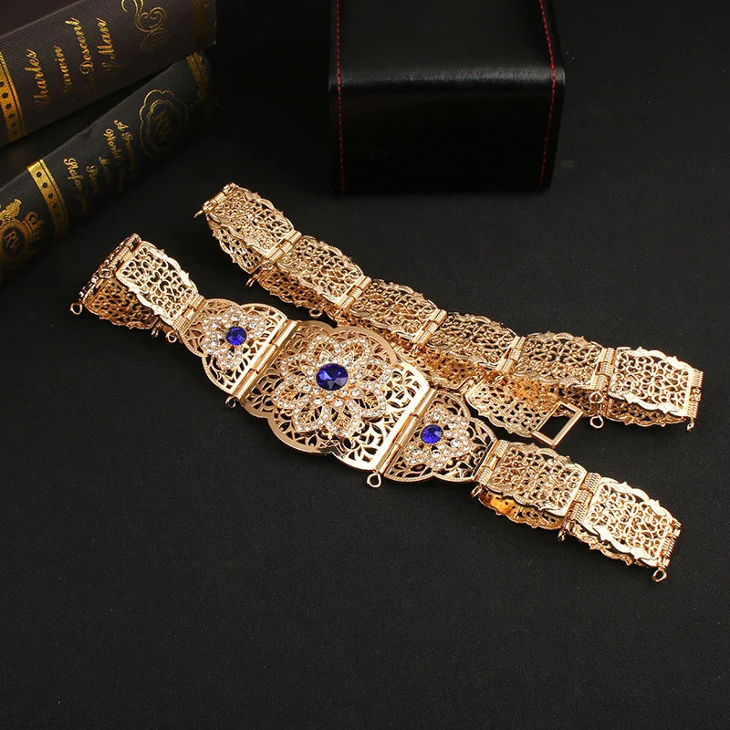 Moroccan women Kaftan gold red green stone ethnic wedding body jewelry metal chain robe with jewelry 241018