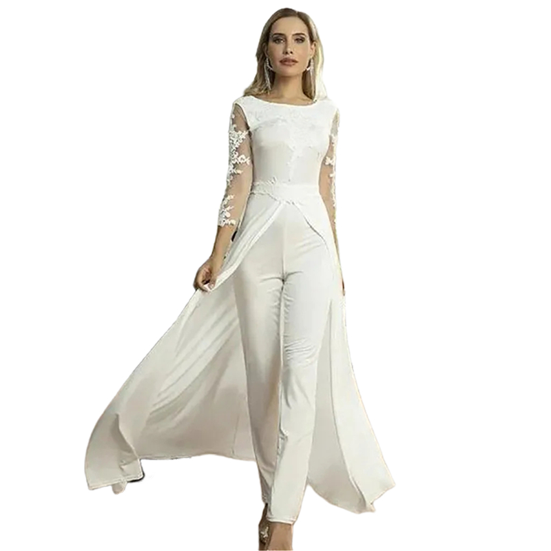 Ivory 3/4 Long Sleeves Bridal Jumpsuits Wedding Dresses With Overskirt Lace Appliques Scoop Neck Simple Elopement Jumpsuit 2025
