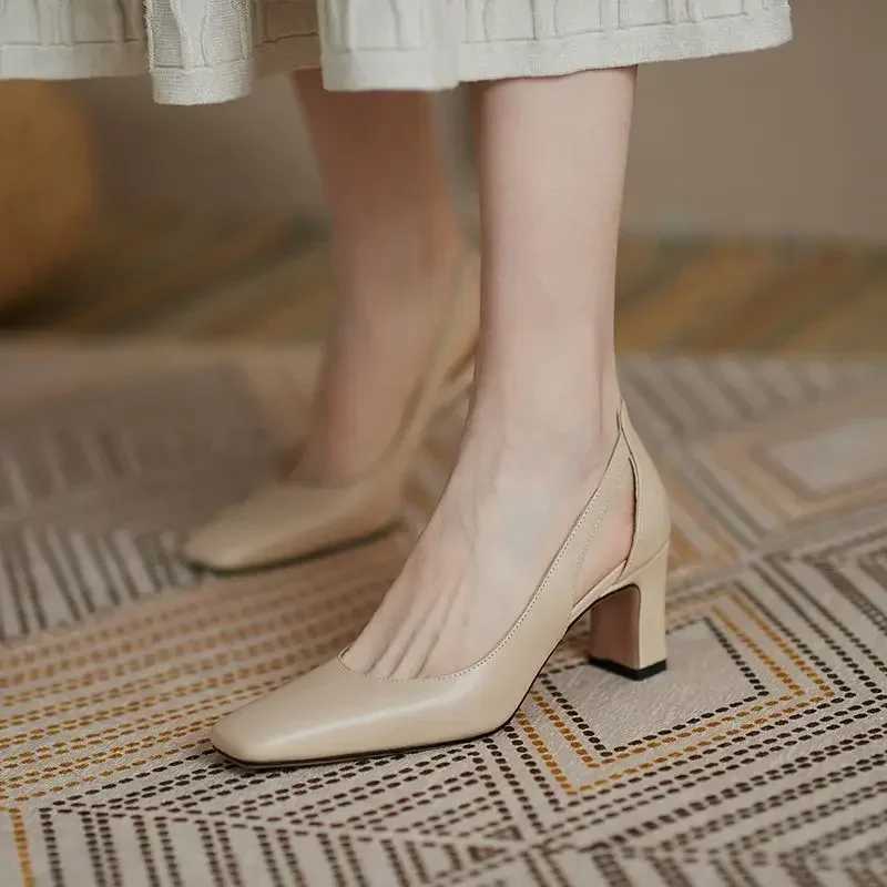 High heels regular leather casual chunky high heels nude womens shoes office shoes womens shoes square toe pumps Y241019