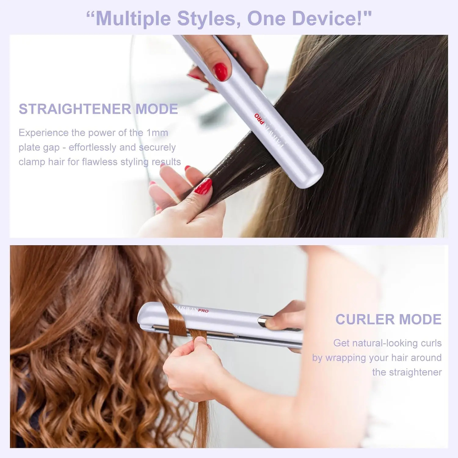 Straightener and Curler PARWIN PRO BEAUTY 1-inch Flat Iron 1.25-inch Curling Iron Straightener Brush with Removable Power Supply 241018