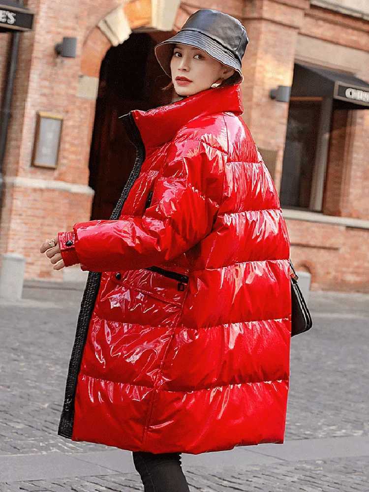 Women's Down Parkas Winter jacket shiny womens Parka down jacket cotton jacket red jacket windproof smooth womens T-shirt thick and loose waterpr