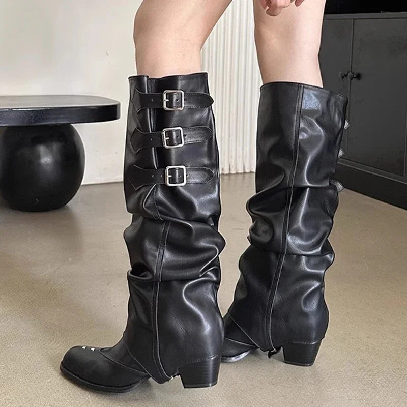 Womens Pointed Toe Chelsea boots knee high school boots short and chubby pleated shoes er motorcycle boots pump sexy unprinted goods Zapatos 241018