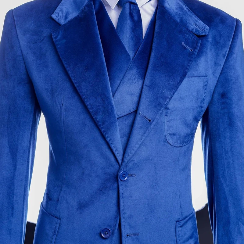 Velvet Men Suits for Wedding Slim Fit Custom Groom Tuxedo 3 Piece Royal Blue Formal Jacket Vest with Pants Male Fashion Costume