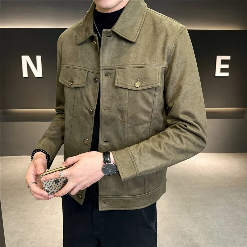 Autumn and winter mens suede jacket solid color casual business lapel jacket ultra-thin fit thick and warm social street clothing jacket 241007