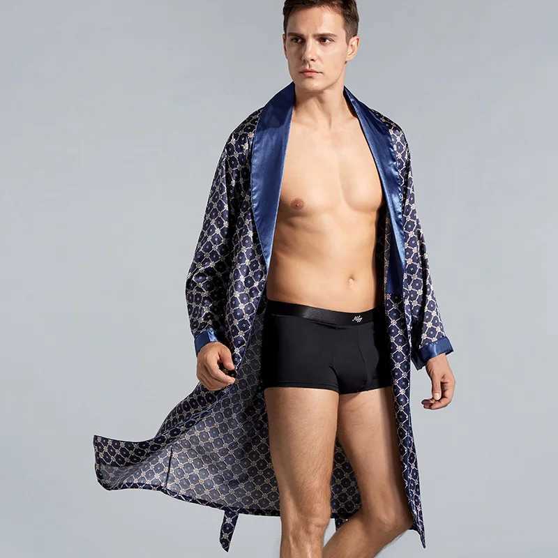 2024 Mens Summer Silk Shower Robe Geometric Dress Sleepwear Men Home Clothes Long Sleeve Kimono Bathrobe Nightwear Oversize 5XLXJ241018