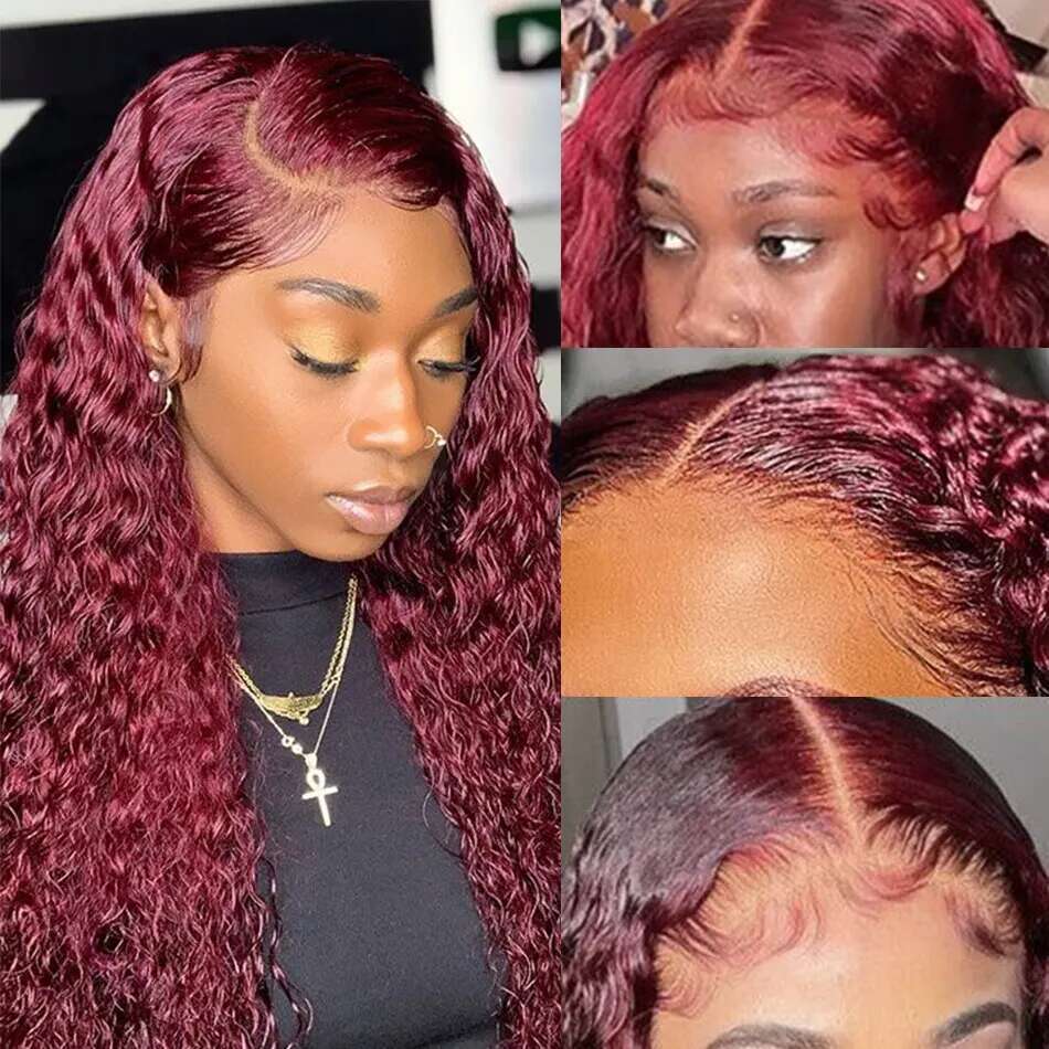 Deep J Burgundy wave Lace Front Human Hair Red Colored x HD Frontal Wigs For Women Density Curly Wave al